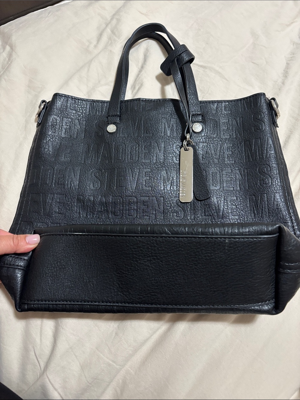 Steve Madden Black Embossed Logo Tote - Picture 4 of 4